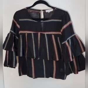 Talori Black Cotton Blouse with Multicolor Stripes & Bell Sleeves Size Small